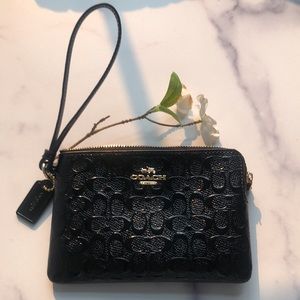 Coach Boxed Corner Zip Wristlet In Black Signature Debossed Patent Leather